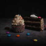 Food Aesthetics - Close-up of a chocolate cake slice and cupcake w #11774178
