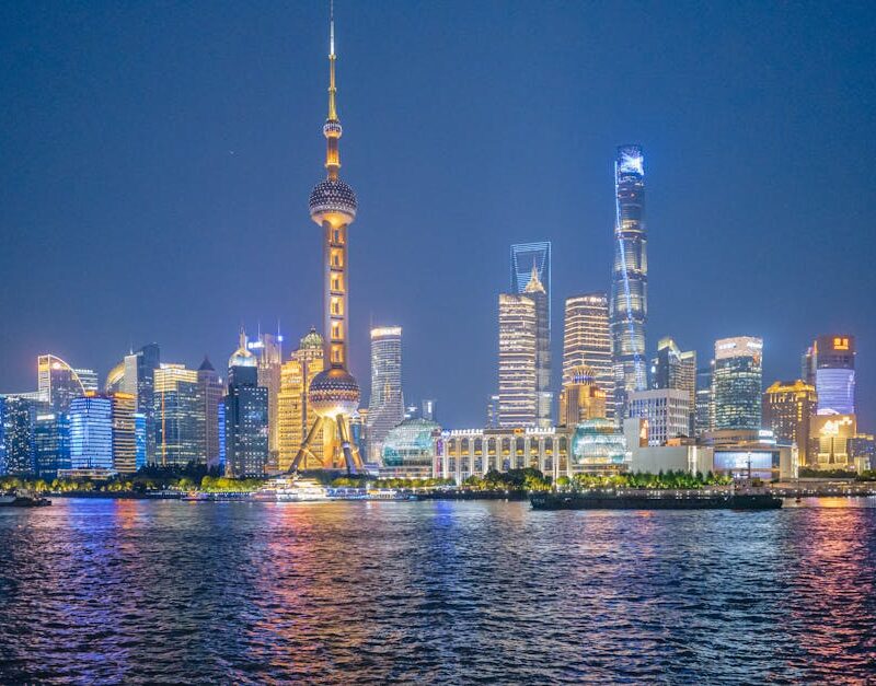 City Architecture - Spectacular night view of Shanghai skyline with #32475413