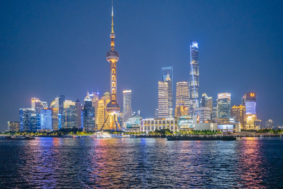 City Architecture - Spectacular night view of Shanghai skyline with #32475413