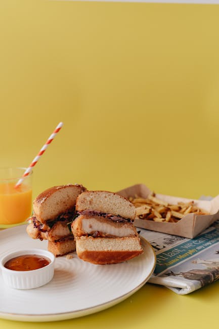 Food Aesthetics - A tasty chicken burger with french fries and ora #7497294